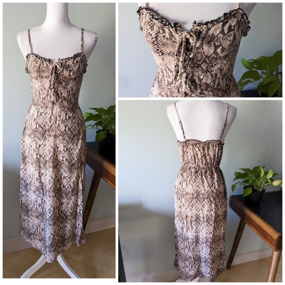 Wild Fable Y2K Style Snakeskin Midi Dress Ruffle Lettuce Edge LaceUp Bust XS 158